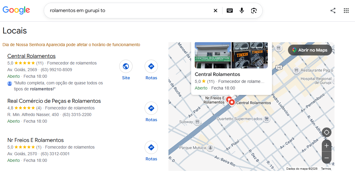 Central Rolamentos em 1º lugar no Google na pesquisa "rolamentos em gurupi to"