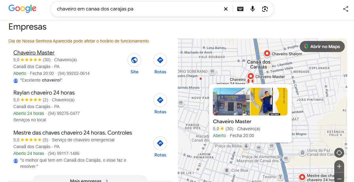 Chaveiro Master em 1º lugar no Google na pesquisa "chaveiro em canaã dos carajás pa"