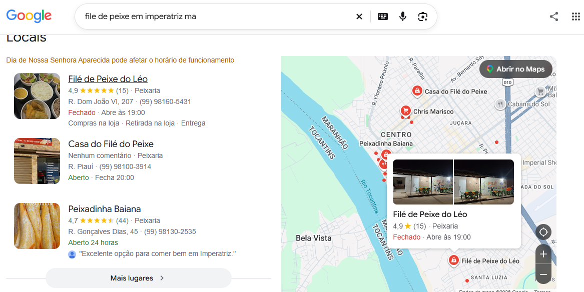 Filé de Peixe do Léo em 1º lugar no Google na pesquisa "filé de peixe em imperatriz ma"