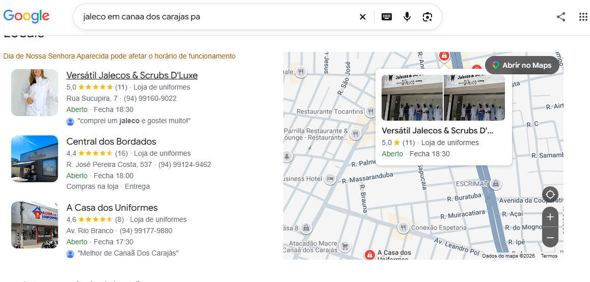 Versátil Jalecos & Scrubs D'Luxe em 1º lugar no Google na pesquisa "jaleco em canaã dos carajás pa"